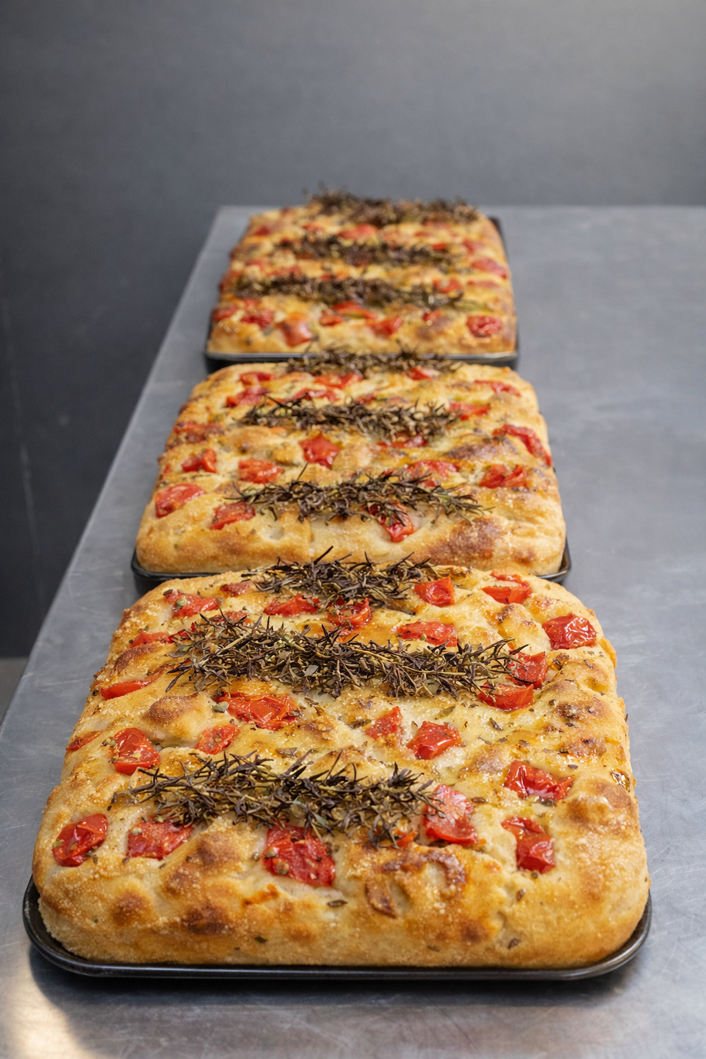 Focaccia artesanal con tomate y romero recién horneada en obrador de Valdemoro