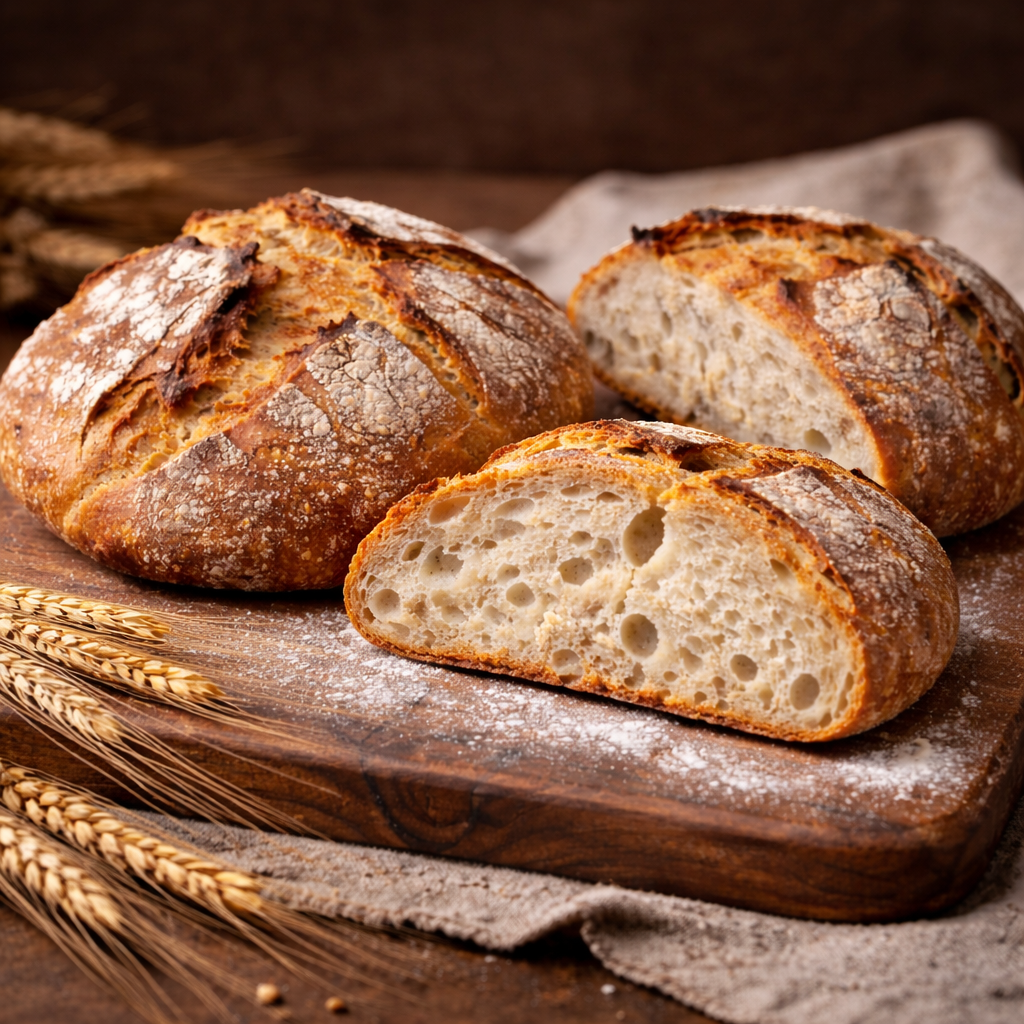 Hogaza de pan de masa madre artesanal con corte crujiente y miga alveolada en Valdemoro