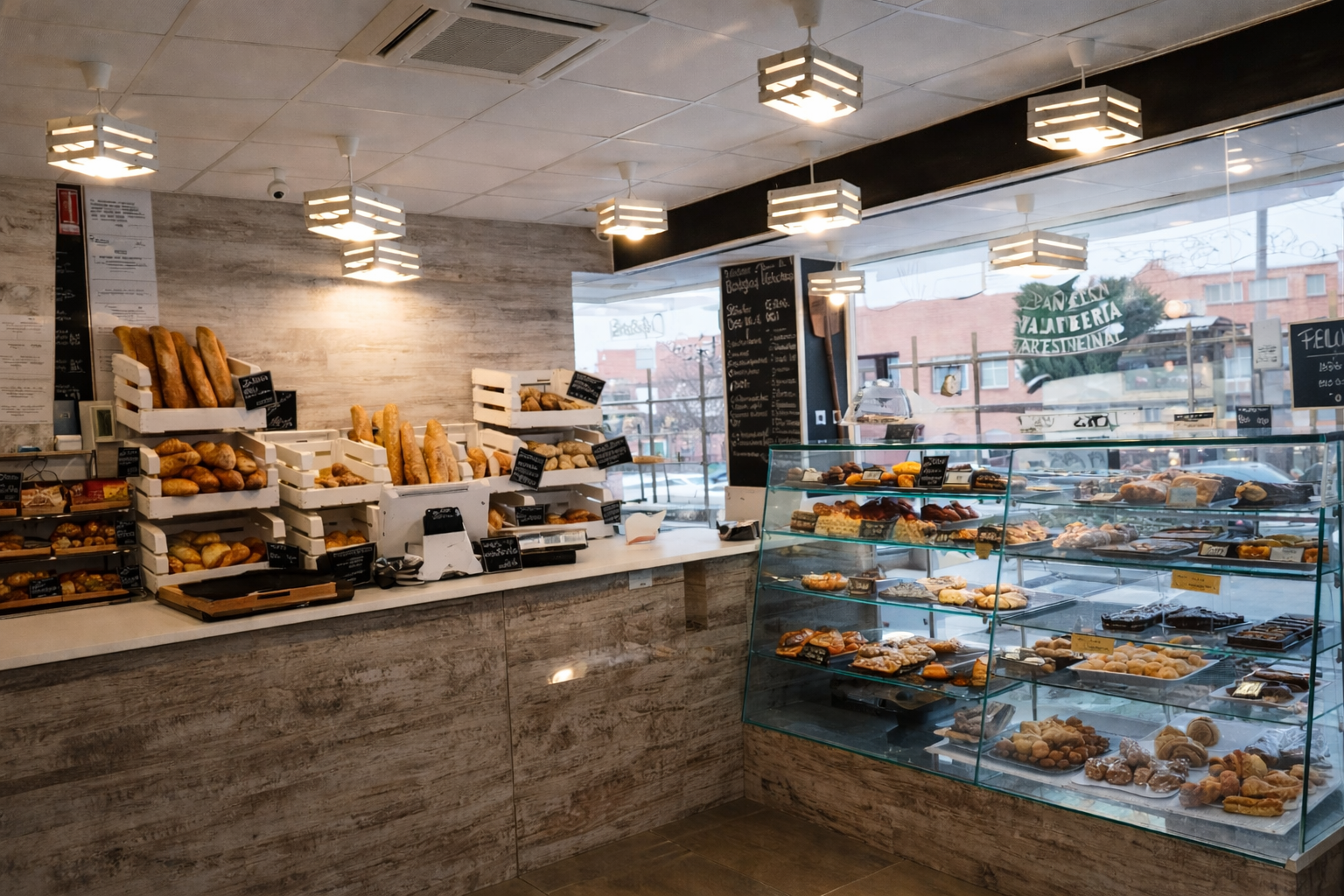 Interior de panadería artesanal en Valdemoro con vitrina de dulces y pan recién hecho