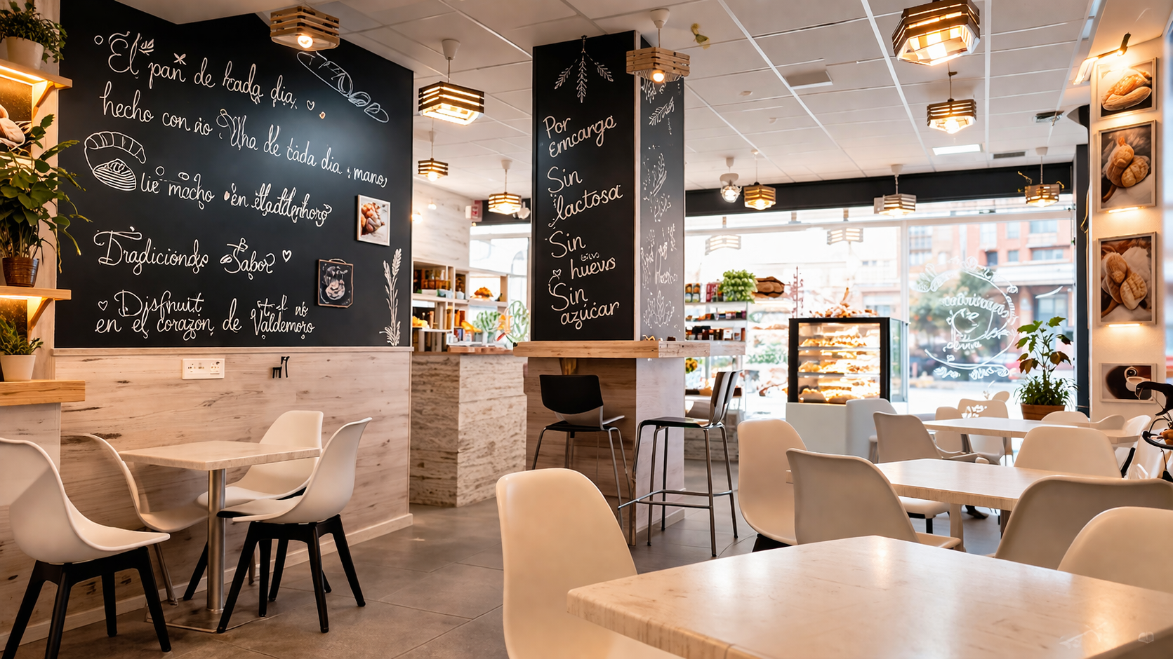 Interior de panadería y café artesanal en Valdemoro con zona de mesas y ambiente acogedor