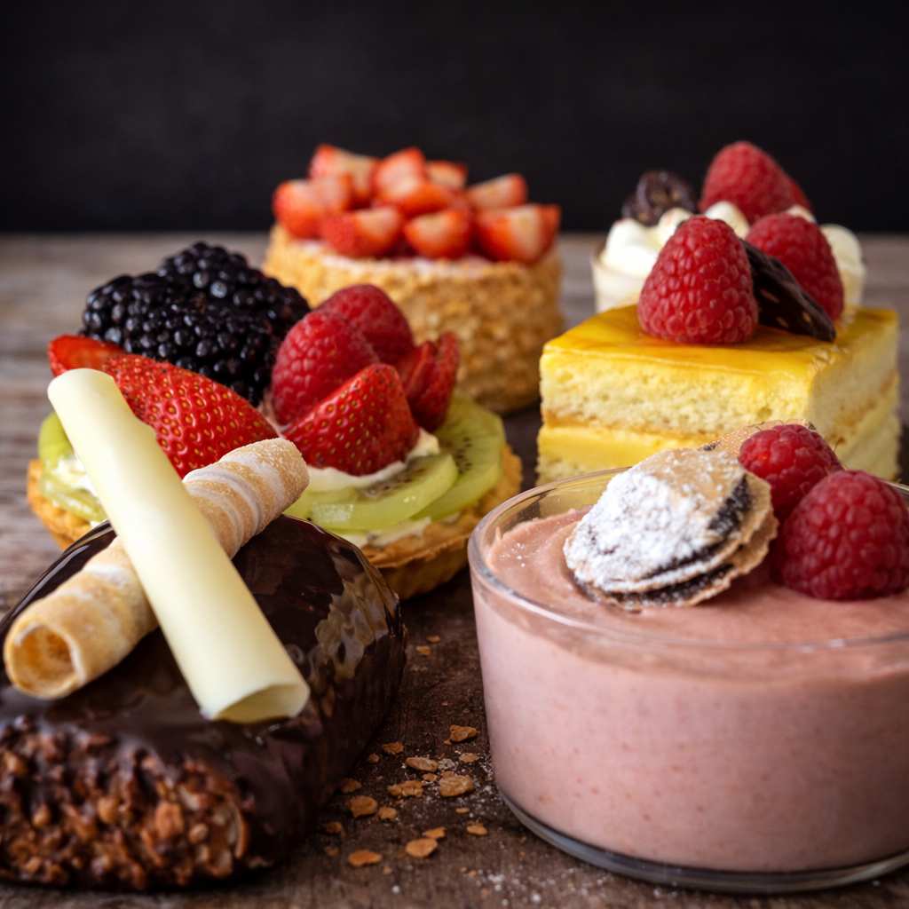 Selección de pasteles artesanales con frutas frescas y chocolate en pastelería de Valdemoro
