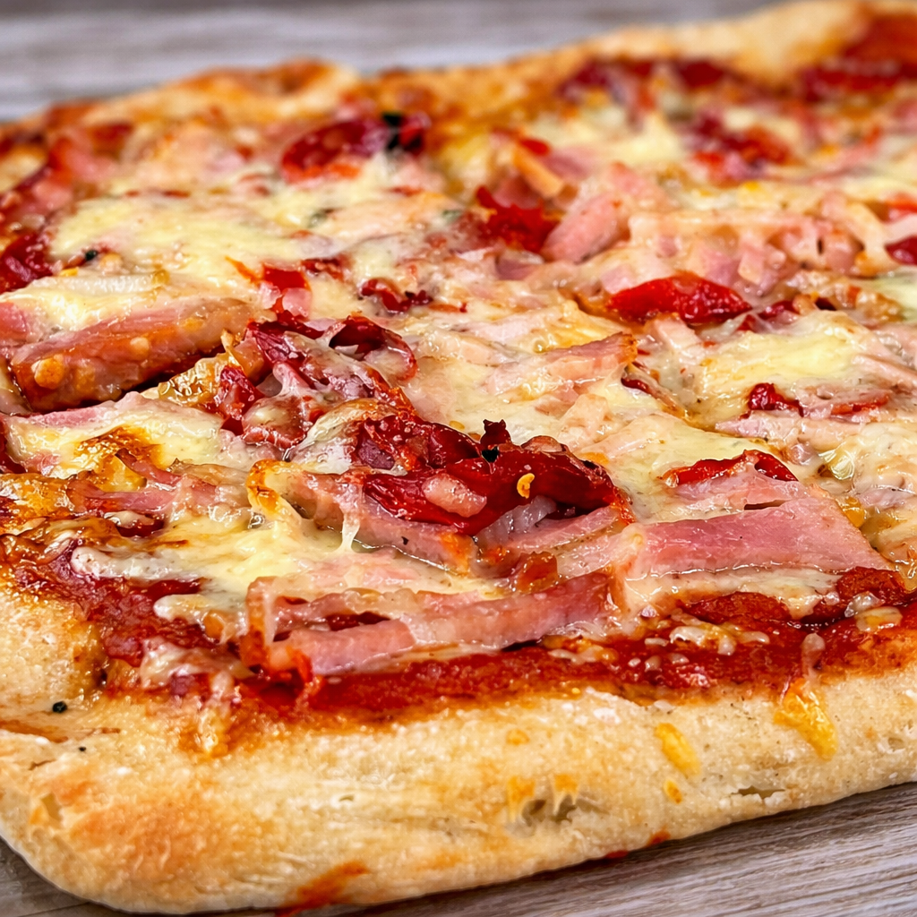 Pizza artesanal de masa madre con queso fundido, jamón y pimientos en Valdemoro