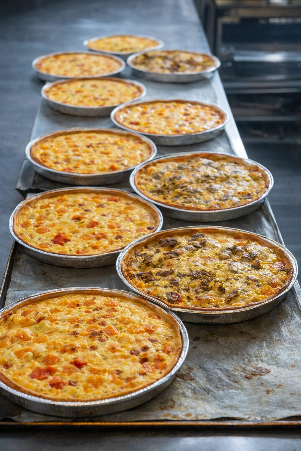 Quiches artesanales recién horneadas en obrador con diferentes sabores en Valdemoro