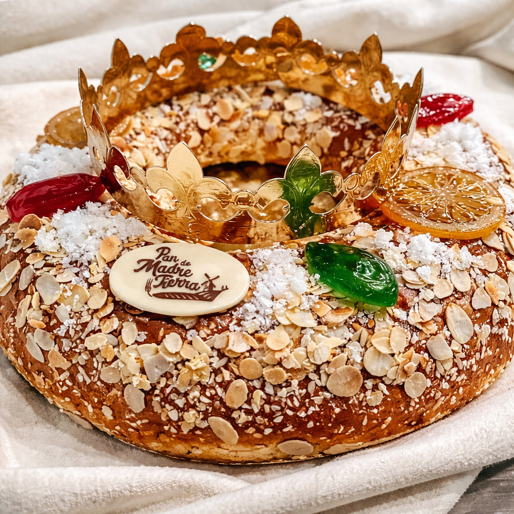 Roscón de Reyes artesanal con frutas confitadas y almendras en panadería de Valdemoro