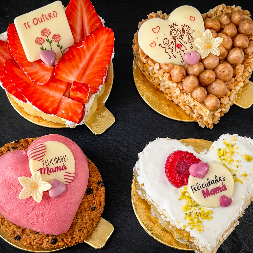 Tartas artesanales con forma de corazón personalizadas con frutas y chocolate en Valdemoro